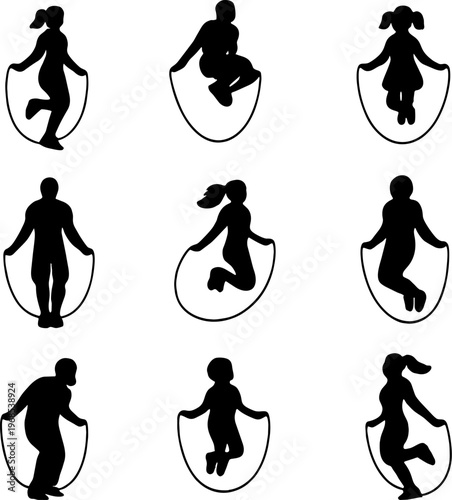 Black silhouettes of children jumping rope in shield shapes