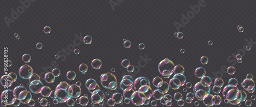 Vector frame realistic rainbow soap bubble with reflection isolated on transparent background. Flying png glass bubbles.