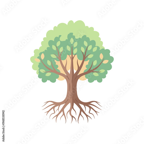 Stylized Tree with Visible Roots and Green Foliage, Nature Illustration