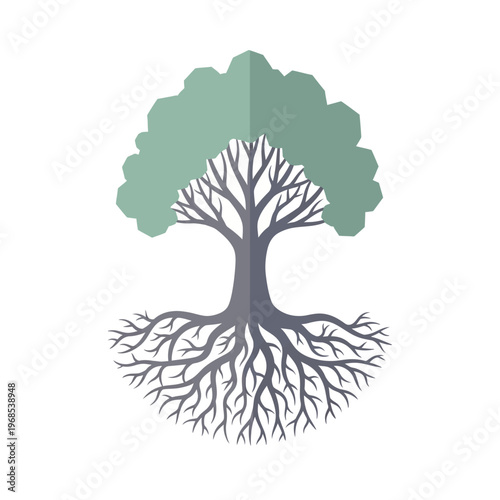 Stylized Tree with Visible Roots, Flat Design, Symbol of Growth, Nature, and Life