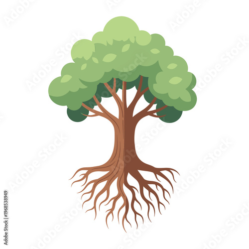 Stylized Tree with Visible Roots and Lush Green Canopy