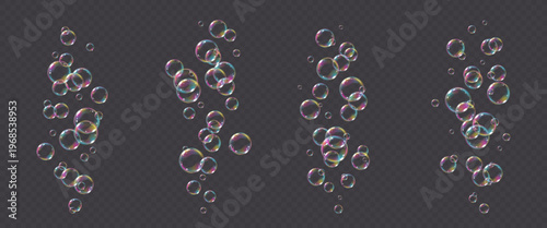 Vector realistic rainbow soap bubble with reflection isolated on transparent background. Flying png glass bubbles.