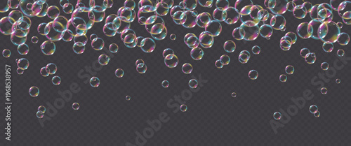 Vector frame realistic rainbow soap bubble with reflection isolated on transparent background. Flying png glass bubbles.