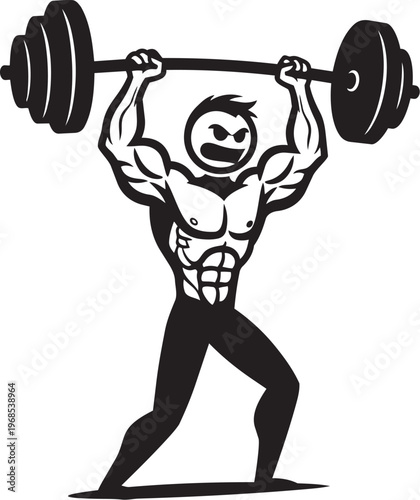 Cartoon illustration of a muscular man successfully lifting a barbell overhead