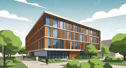 Modern Office Building with Glass Facade and Wooden Accents.