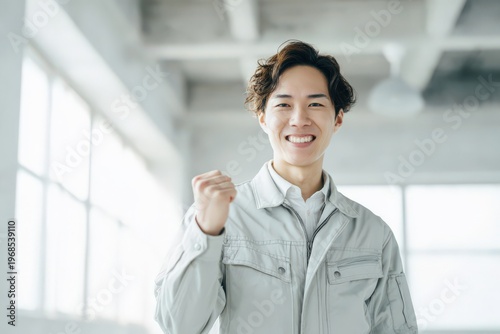作業服の男性、ガッツポーズ