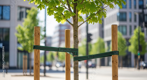 Young City tree with support stake thriving on a sunny urban street. Fresh City tree leaves develop, secured by wooden poles and green straps for stability. Important City tree for urban greening.