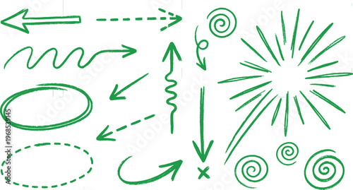 Hand Drawn Green Arrows and Scribble Elements Set with Doodles, Circles, Lines, Burst Shapes for Highlight, Annotation and Design