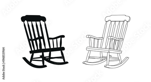 Two rocking chairs depicted in contrasting black and white line art