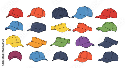 A collection of twenty different baseball caps and visors in various colors and styles is arranged on a white background.