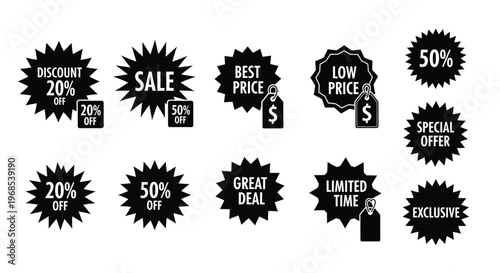 Collection of black sale and discount starburst badges with percentage and price labels