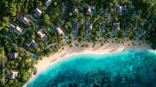 Paradise Oasis: An aerial view showcases a luxurious resort nestled along a pristine shoreline, inviting travelers to discover tranquility and opulence. 