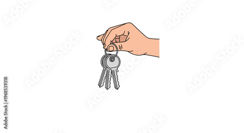 A cartoon hand is holding a bunch of three silver keys on a keyring against a plain white background.