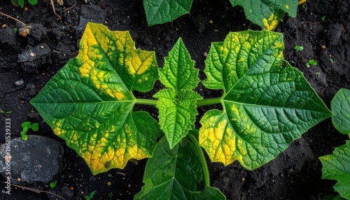 Plant leaves showing signs of nutrient deficiency in garden soil.
