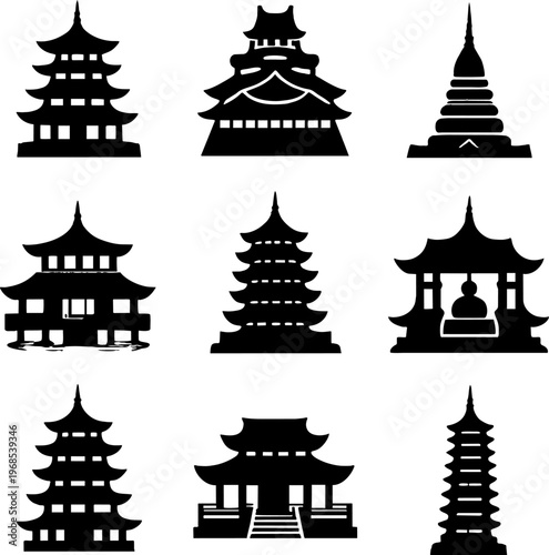 set of asian temple silhouettes