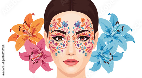 A woman's face with intricate colorful floral face paint is surrounded by large lily flowers on a white background.