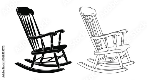 Two black and white illustrations of wooden rocking chairs facing different directions