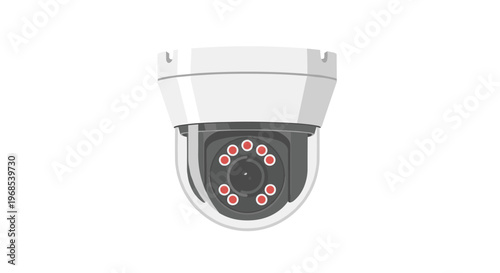 A white dome security camera with visible red infrared lights and a central lens is positioned on a plain white background.