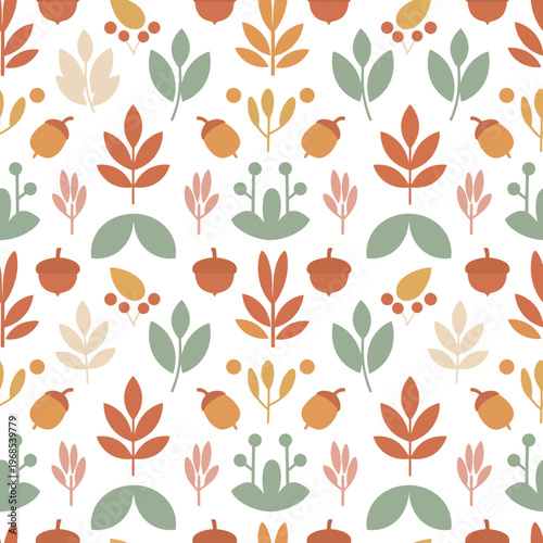 Autumnal Botanical Pattern with Leaves Berries and Acorns