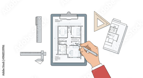 A human hand draws a detailed floor plan on a clipboard, surrounded by architectural drafting tools on a white surface.