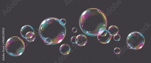 Vector realistic rainbow soap bubble with reflection isolated on transparent background. Flying png glass bubbles.