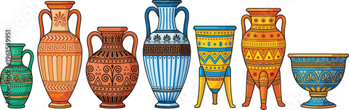 Ancient Ceramic Vase Collection with Decorative Greek and Ethnic Patterns, Hand Painted Pottery Set for Historical, Cultural and Interior Design Illustration