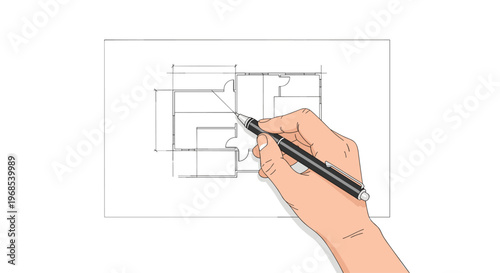 A human hand draws a simplified floor plan with a black pen on a blank white sheet of paper.