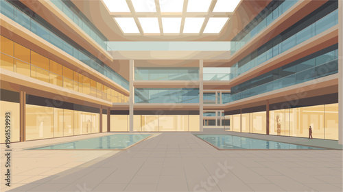 Modern atrium bathed in soft, golden light. Glass walls reflect calm, serene energy. Wide pool mirrors the sky's quiet glow. Open space invites stillness, quiet thought. Ideal for wellness centers