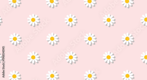 A repeating pattern of white daisies with yellow centers and subtle shadows is evenly distributed across a soft light pink background.
