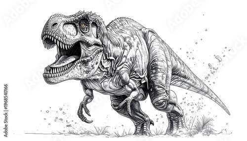 A grayscale illustration of a fearsome Tyrannosaurus Rex in motion, with detailed textures and menacing expression