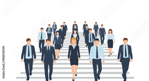 A large group of business people in suits walk up and down a series of white steps against a clean white background.