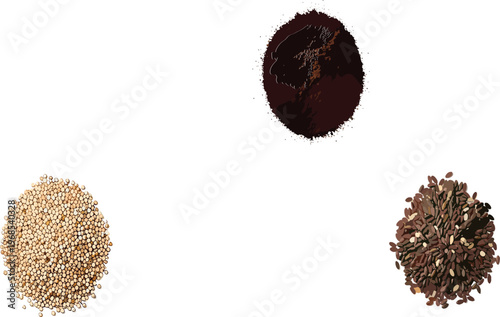 Assorted Superfood Seeds and Grains Set Including Quinoa, Flaxseed, and Chia for Healthy Nutrition, Organic Product Packaging, and Superfood Ingredient Vector Graphics