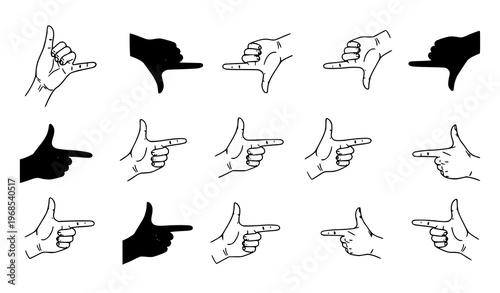 Cinema frame hand gesture icons vector set filmmaking viewfinder illustration