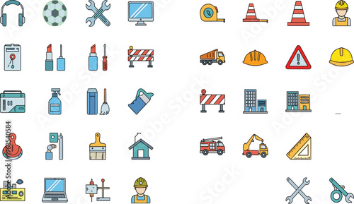 Photography Comprehensive Construction Industry and Industrial Equipment Icon Set Featuring