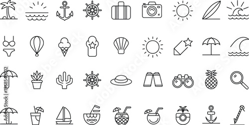 Summer Travel Outline Icon Set, Vector Illustration Featuring Beach, Vacation, Sea, Nautical, and Holiday Symbols in Clean Minimal Line Style for UI, Apps, and Website Design