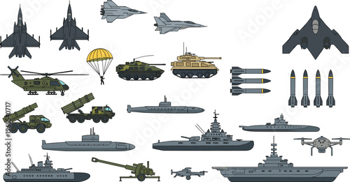 Modern military vehicles and weapons collection including fighter jets tanks submarines warships missiles helicopter isolated vector illustration for defense and army design