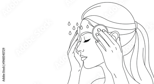 Woman performing skincare routine using cotton pads with water drops on a white background in line art style.