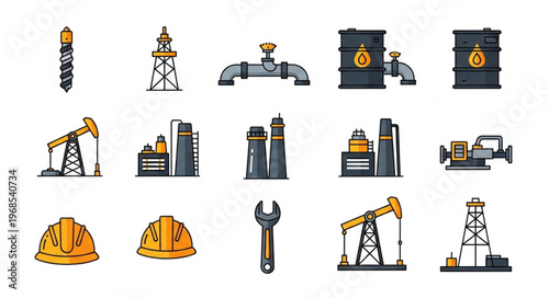 Oil and Gas Industry Icons - Exploration, Production, and Safety Equipment.