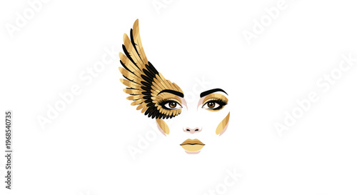 A stylized woman's face is depicted with her right eye and cheek adorned by an intricate golden wing on a clean white background.