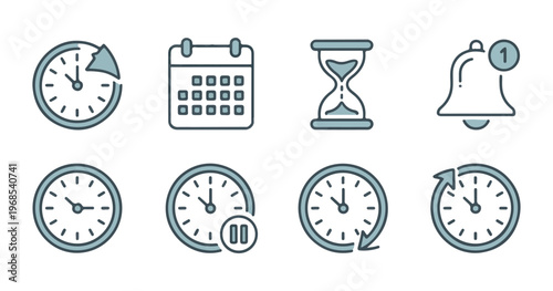 Time management icons including clock, calendar, hourglass, and notification bell vector.