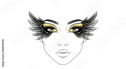 A line-art woman's face features both eyes with elaborate winged makeup, composed of black feathers, golden glitter, and small golden stars on a white background.