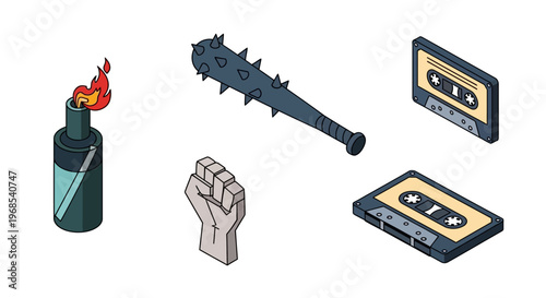 Isometric Rebellion Icons Set: Molotov Cocktail, Spiked Bat, Raised Fist, and Vintage Cassette Tapes for Protest and Underground Culture Design