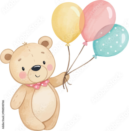 Teddy Bear Watercolor Illustration with Balloons Cute Baby Animal Isolated Cartoon Style