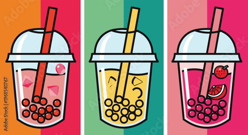Three colorful bubble tea cups with different fruit flavors and tapioca pearls illustrated against a vibrant background.