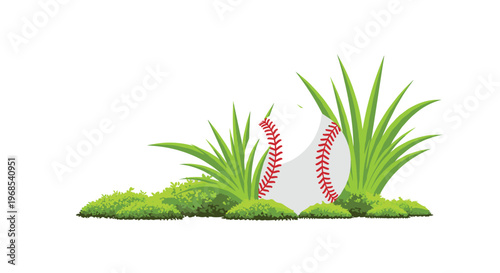A white baseball with red stitching is partially obscured by clumps of varying green grass and moss on a clean white background.