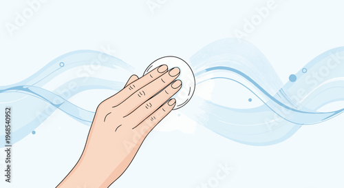 Close up of a hand using a cosmetic cotton pad on a surface with abstract blue water waves representing freshness.