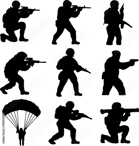 set of black silhouettes of soldiers with guns and parachute