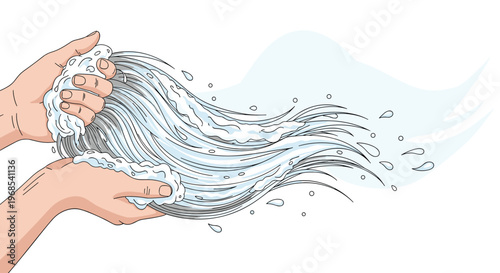 Close up of hands washing long hair with plenty of white foam and water splashes for a cleaning concept.