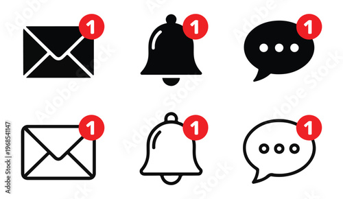 Email, notification bell, and chat speech bubble with new message notice vector illustration.