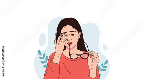 Tired woman holding her glasses and touching her eyes while looking stressed or fatigued against a soft background.